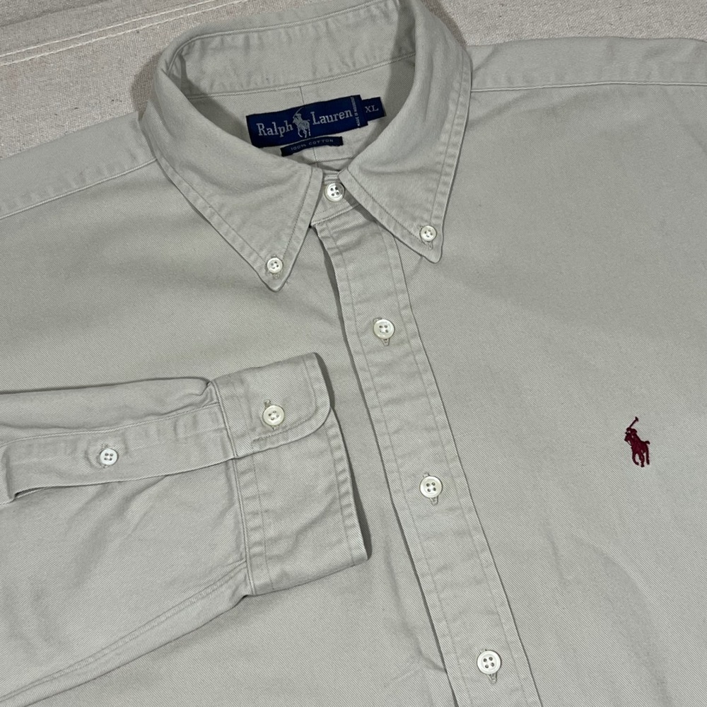 VTG Ralph Lauren‎ Men's XL Beige Flannel Button Down Shirt Burgundy Pony *FLAW